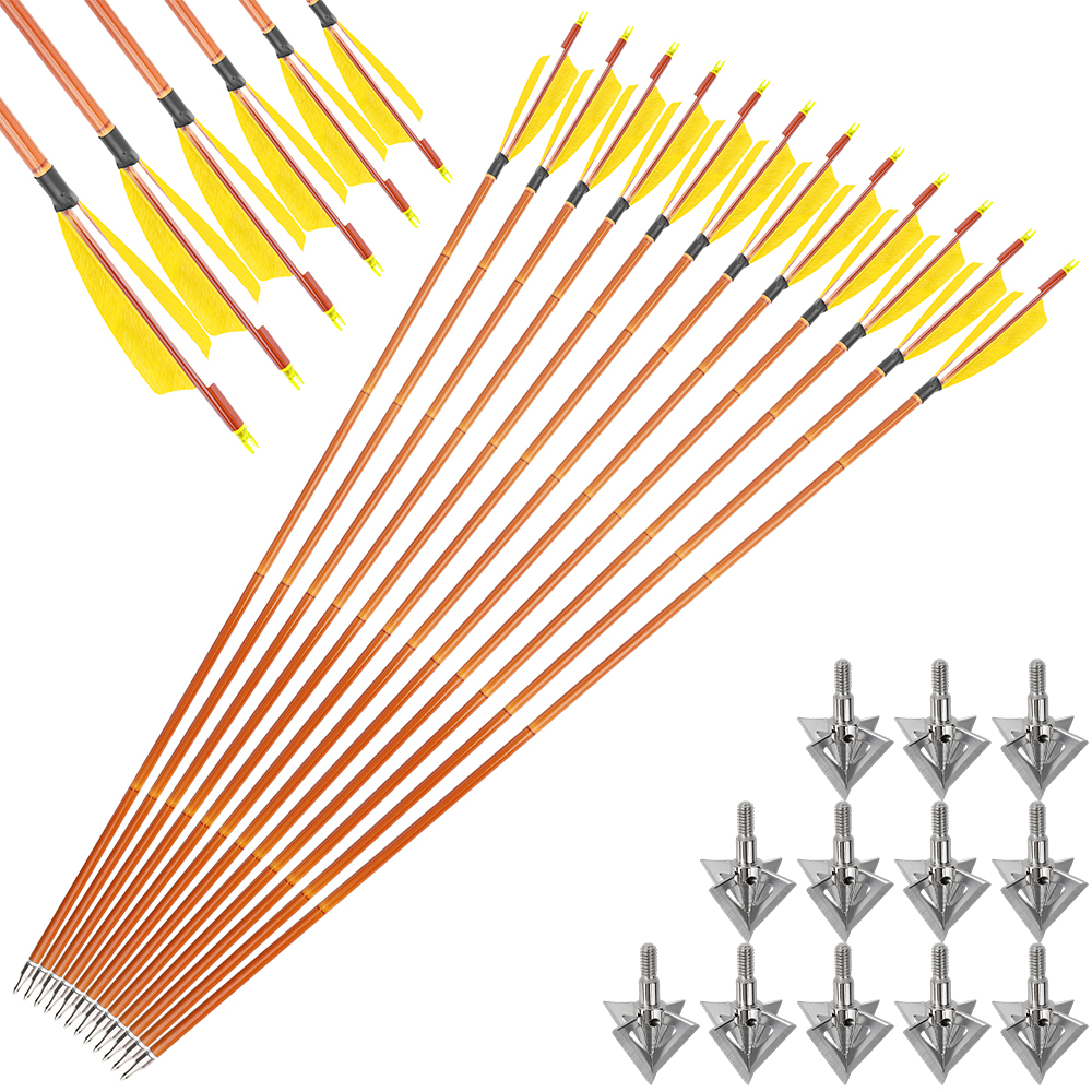 12pcs 30" Spine 500 Bamboo Pattern Arrows with 12 Bonus Cross-Star Arrowheads – Archery Training Set