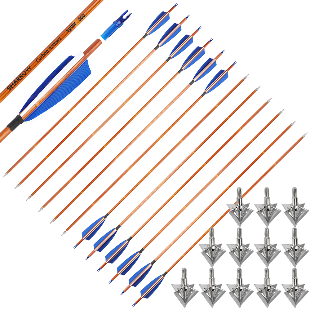12pcs 30" Spine 500 Bamboo Pattern Arrows with 12 Bonus Cross-Star Arrowheads – Archery Training Set