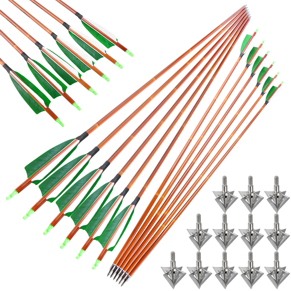 12pcs 30" Spine 500 Bamboo Pattern Arrows with 12 Bonus Cross-Star Arrowheads – Archery Training Set