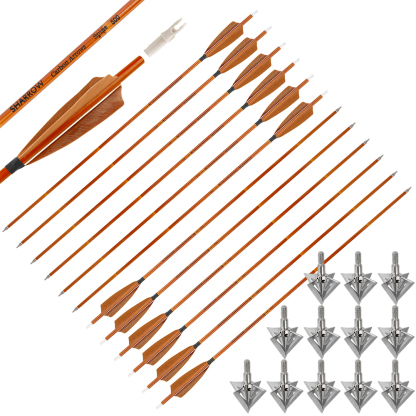 12pcs 30" Spine 500 Bamboo Pattern Arrows with 12 Bonus Cross-Star Arrowheads – Archery Training Set
