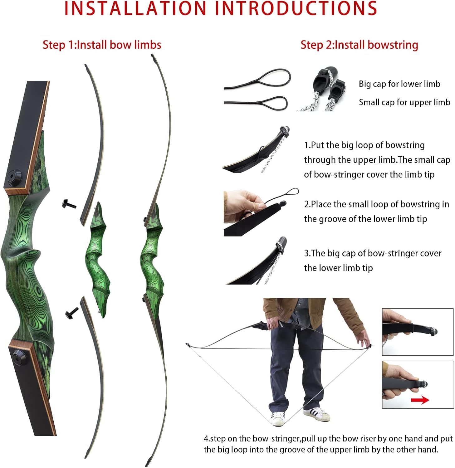 Black Hunter Longbow 20-60 Lbs Archery Hunting - Green