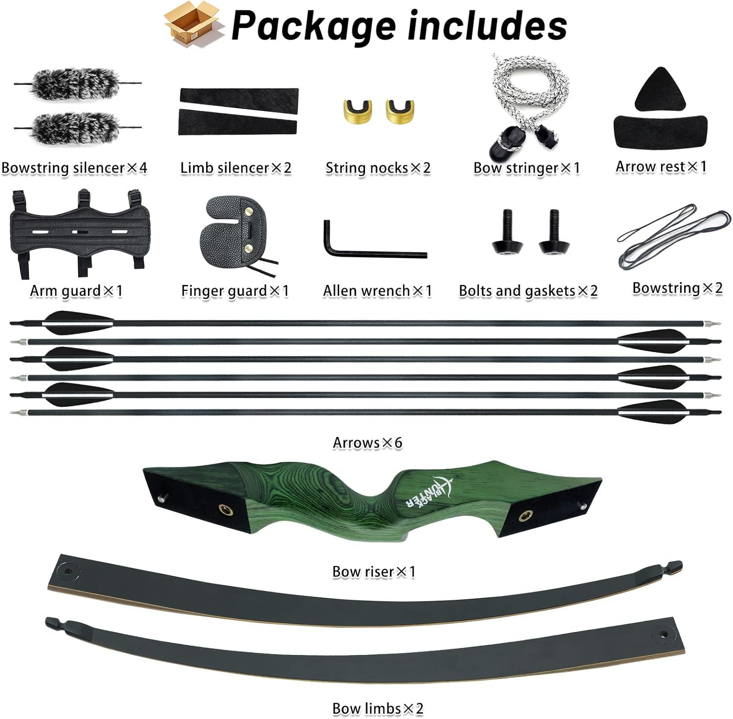 Black Hunter Longbow 20-60 Lbs Archery Hunting - Green