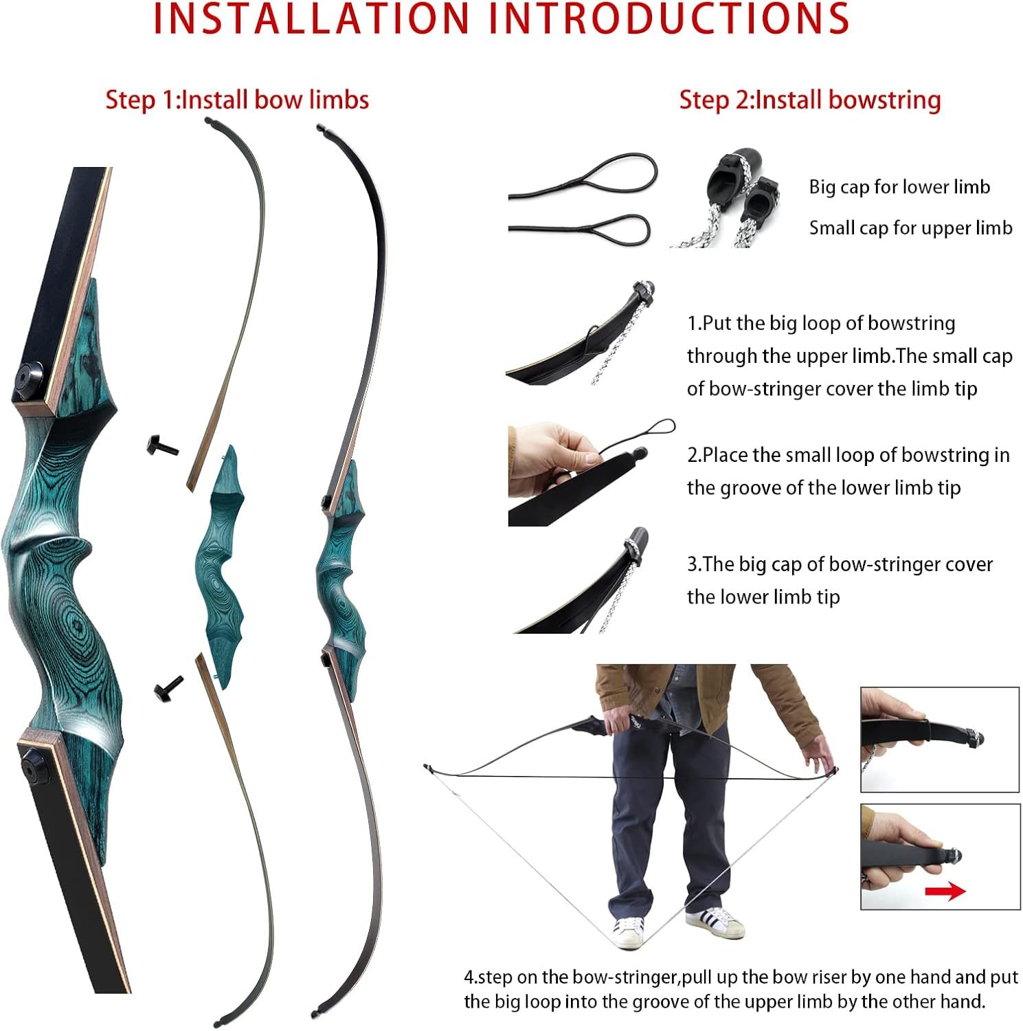 Black Hunter Original Recurve Bow 20-60 lbs with Carbon Arrows and Bow Case