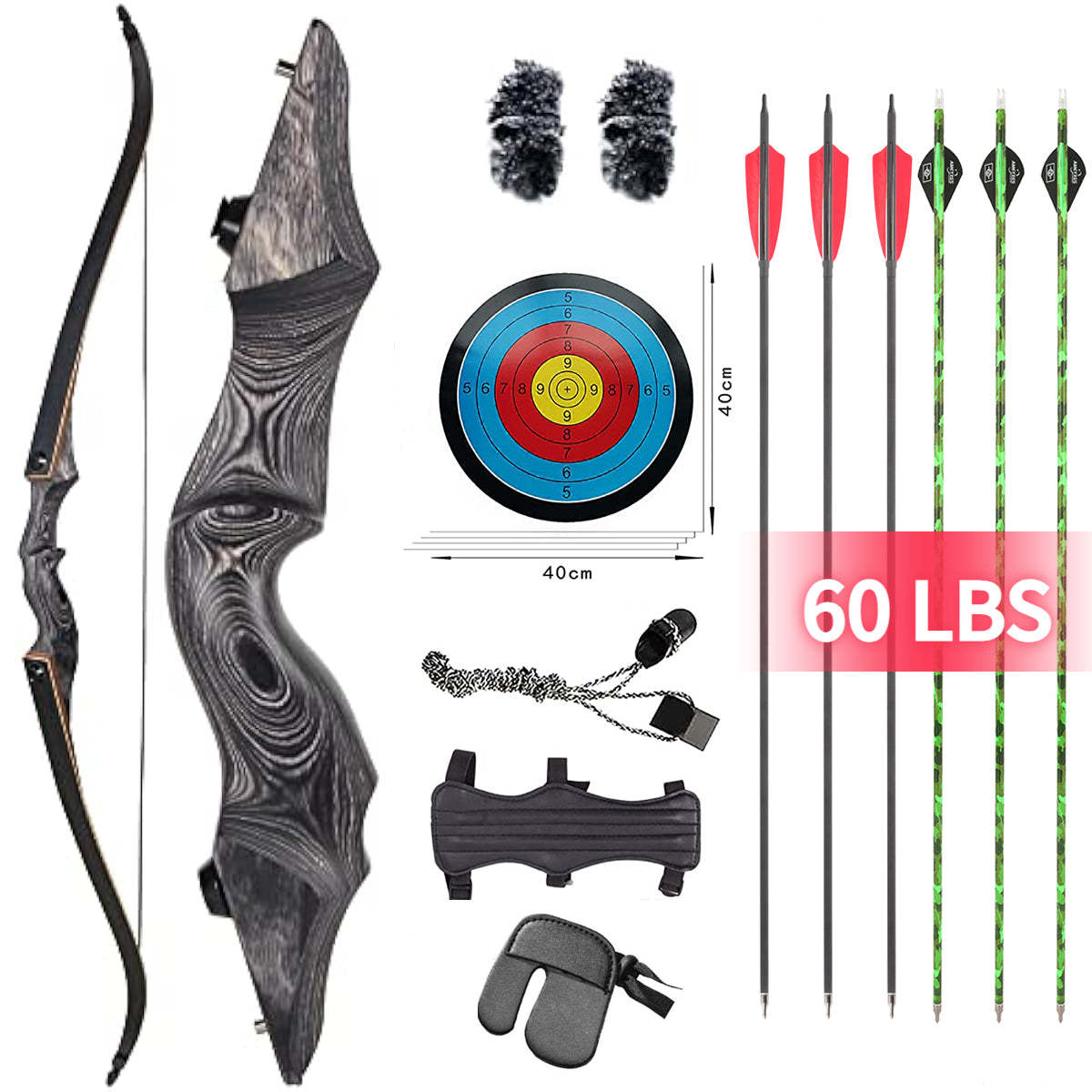 🎯Black Hunter Recurve Bow Set 20-60LBS for Adult Outdoor Hunting Beginner Training Archery Practice-AMEYXGS Archery