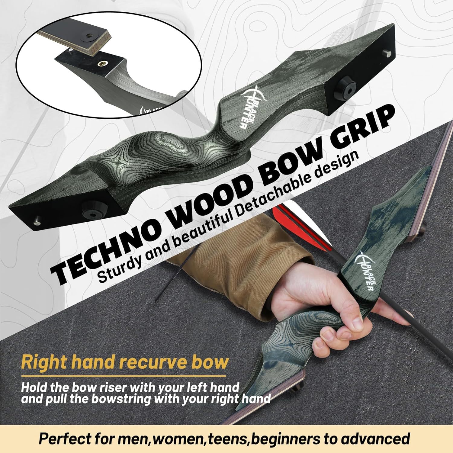 Black Hunter Recurve Bow for Adults with 12pcs Arrows Kit