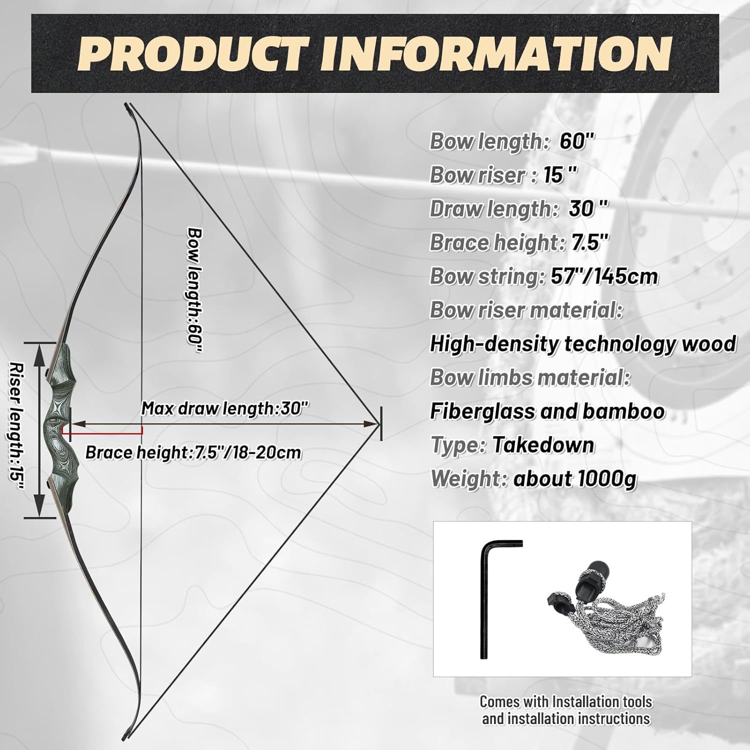 Black Hunter Recurve Bow for Adults with 12pcs Arrows Kit