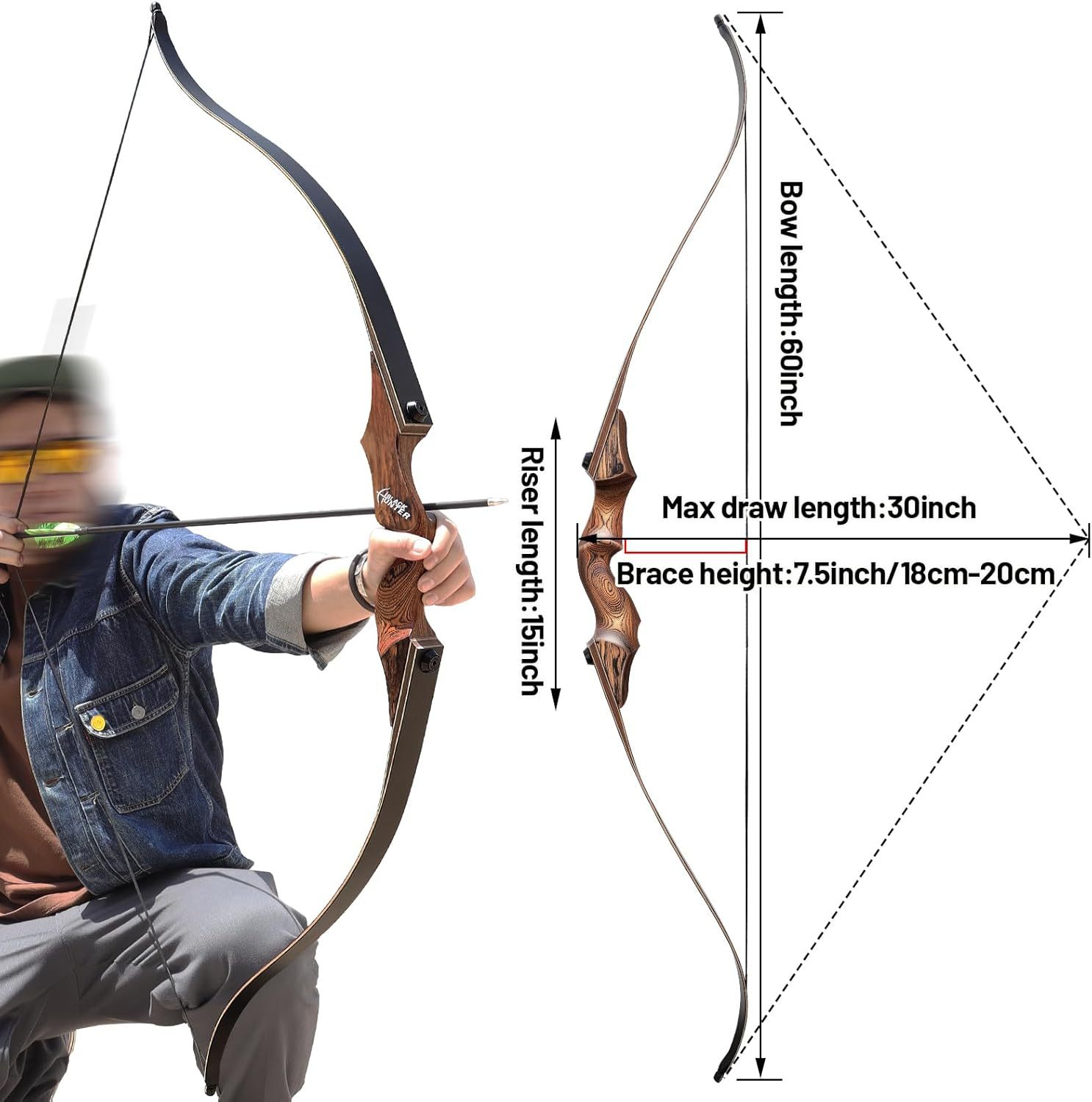 Black Hunter Archery Recurve Bow and Arrows Set for Adults