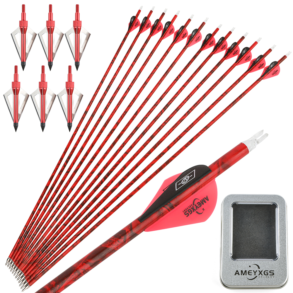 12PCS Mixed Carbon Camouflage Arrows 500 Spine 30in – Forest Green, Bright Yellow, Red