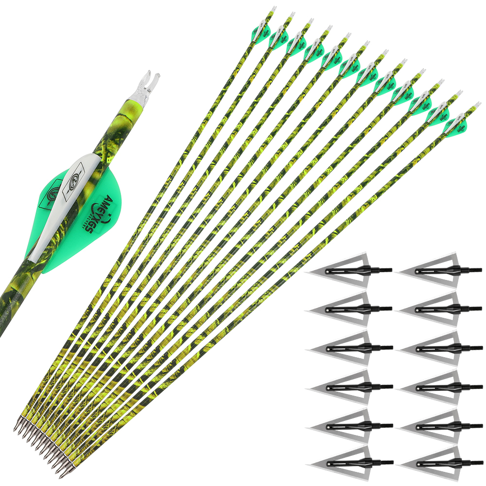 12PCS Mixed Carbon Camouflage Arrows 500 Spine 30in – Forest Green, Bright Yellow, Red