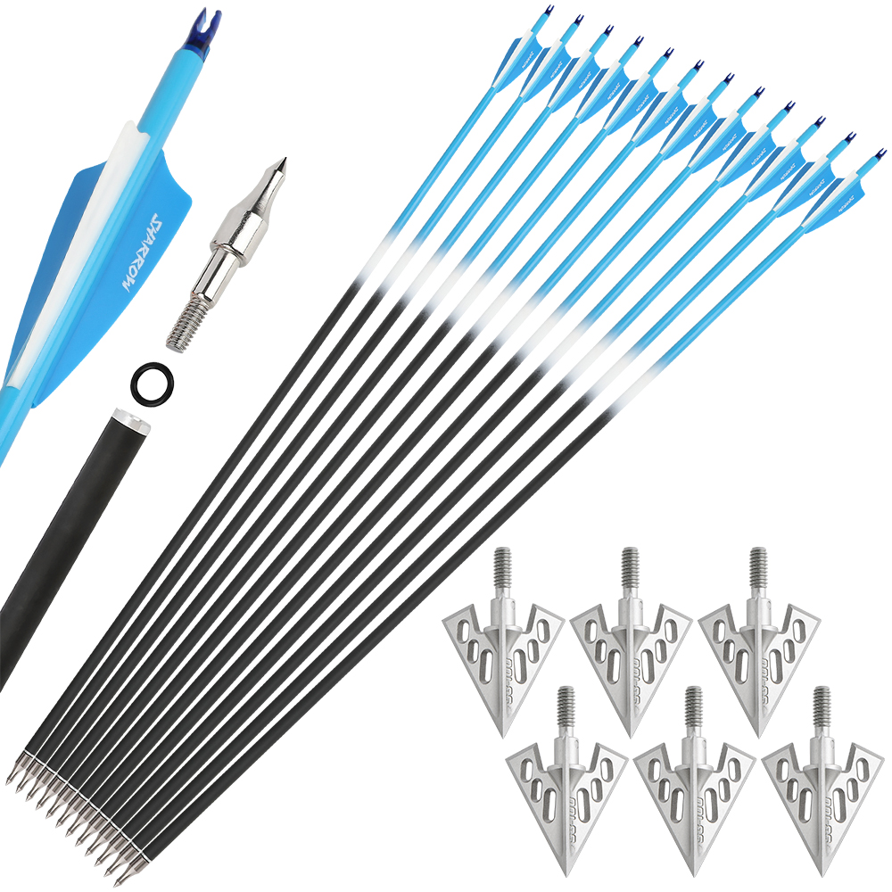 Carbon Arrows 12pcs 30 in Shield Feather 500 Spine Mixed Set