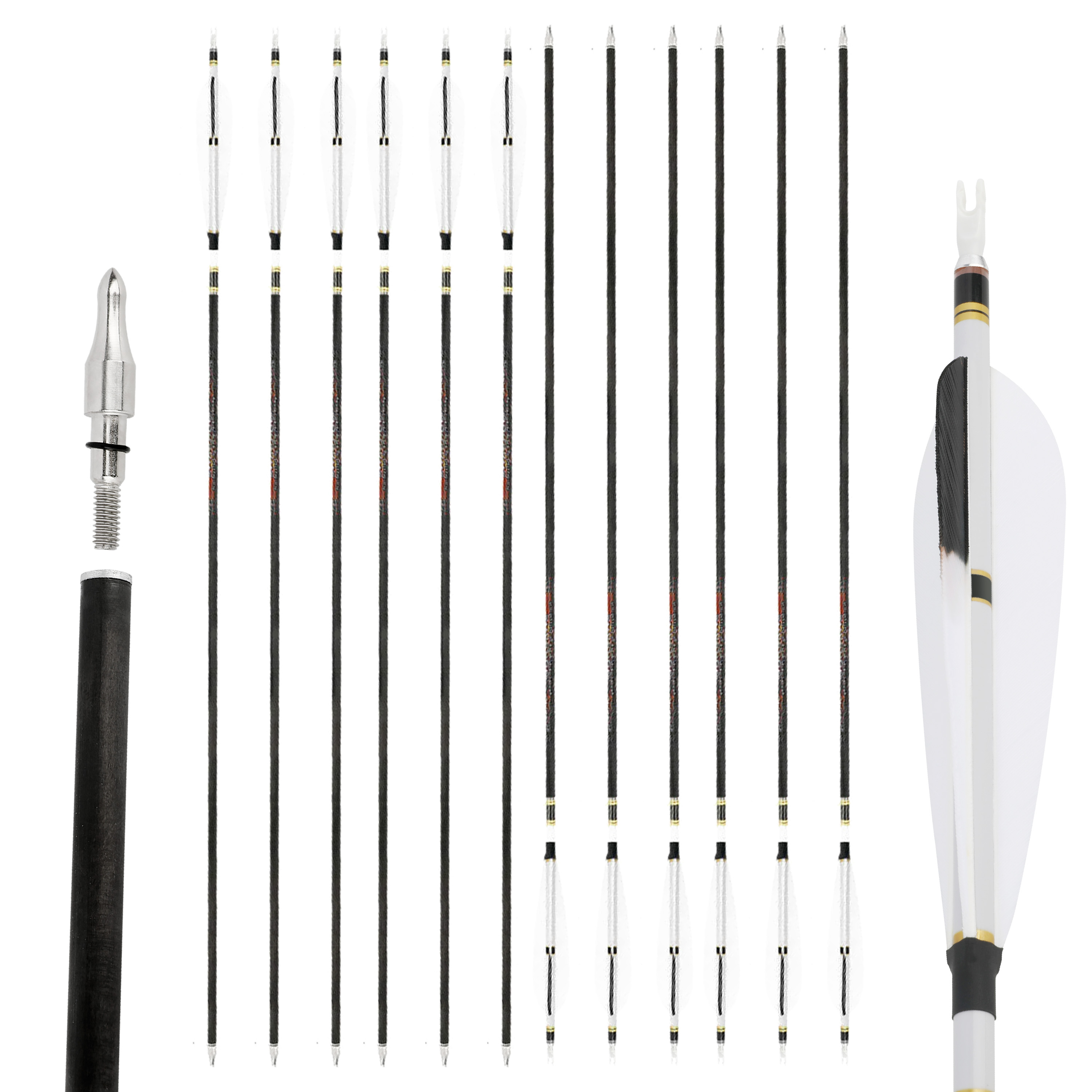12X Carbon Arrows with Natural Fletching for Target & Hunting Bows