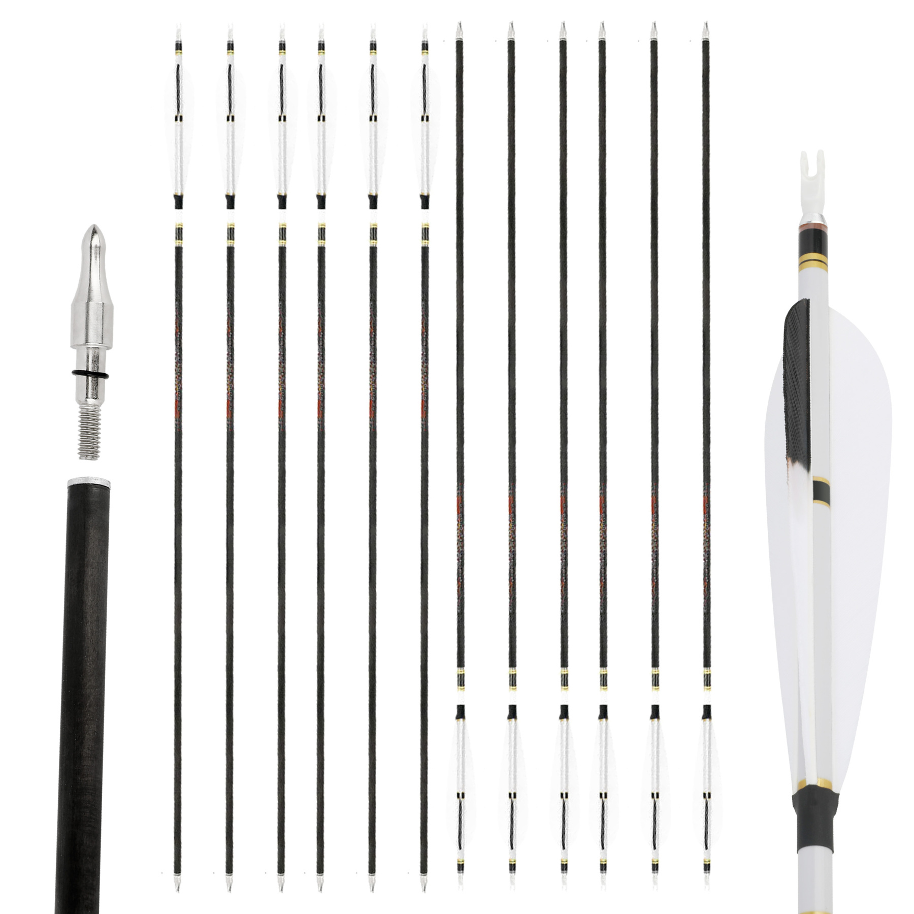 12X Carbon Arrows with Natural Fletching for Target & Hunting Bows