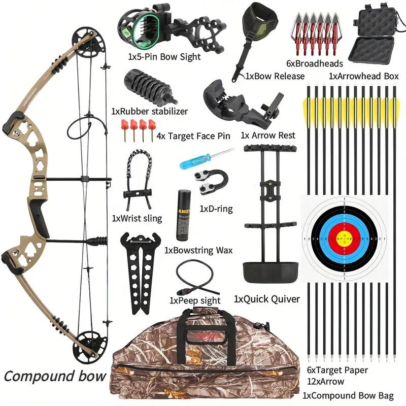 Brown Compound Bow Kit 20-70lbs Adjustable Hunting Archery