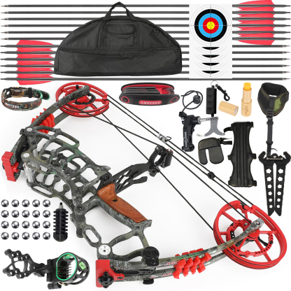 JUNXING Tactical Forest Camo Compound Bow Kit 30–70 lbs with Arrows & Steel Ball Shooting