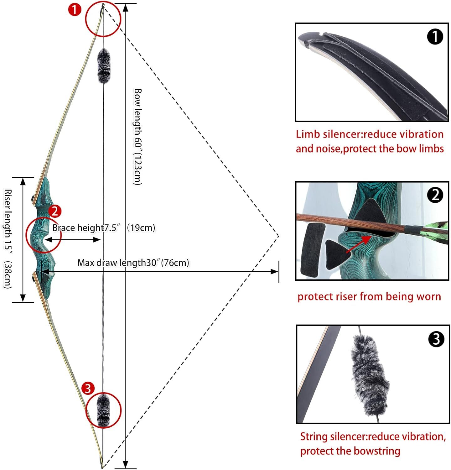 BLACK HUNTER Longbow Archery Hunting Kit ,RH&LH,20-60LBS
