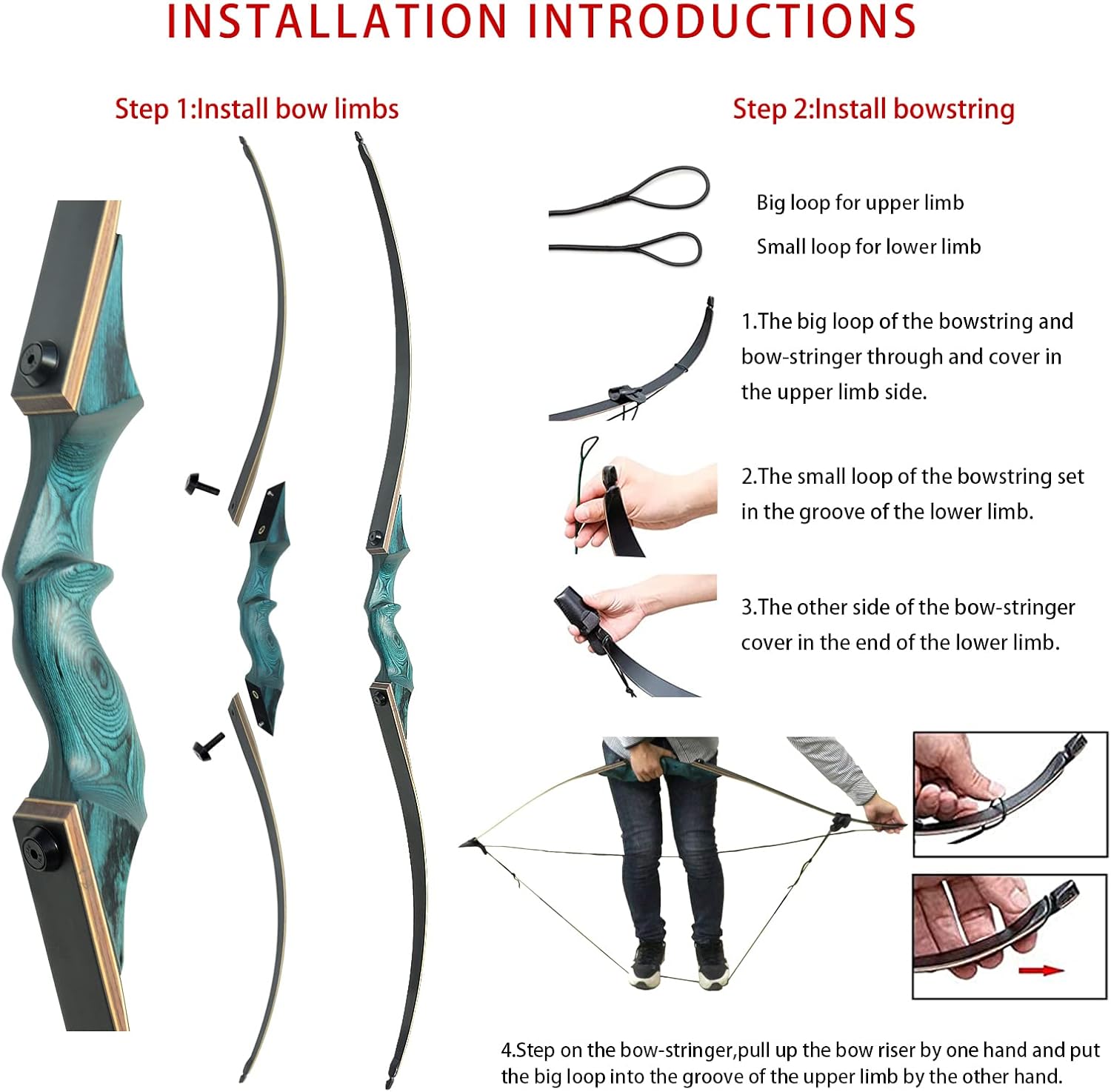 BLACK HUNTER Longbow Archery Hunting Kit ,RH&LH,20-60LBS