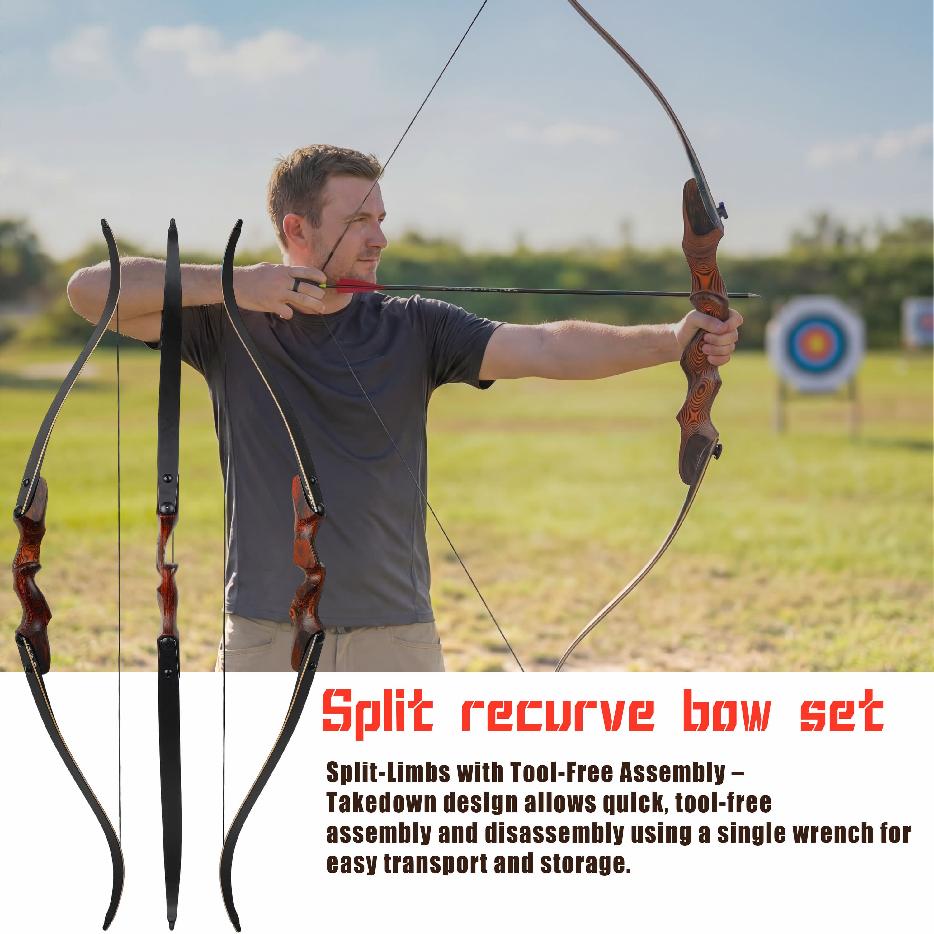 Rock Bear Recurve Bow 20-60LBS Takedown Bow Archery Hunting