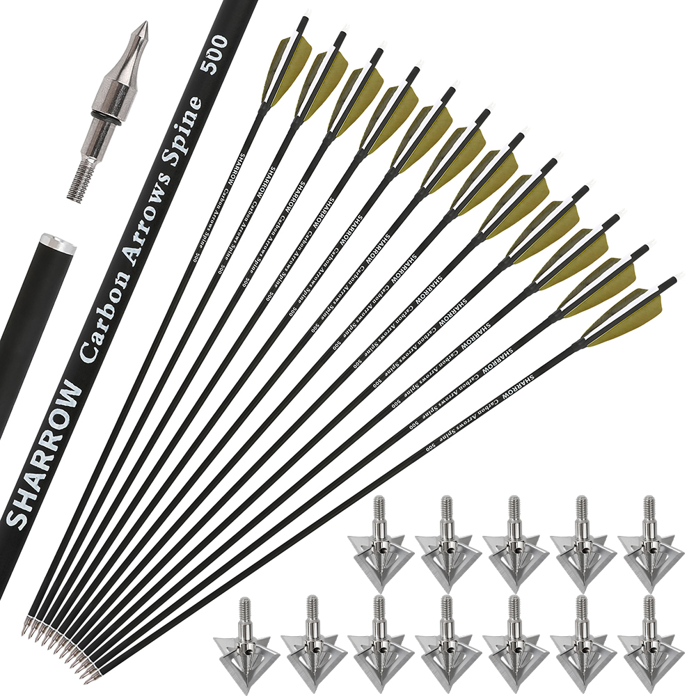 12pcs 30" Mixed Carbon Arrows Spine 500 Full Set with Cross-Star Arrowheads