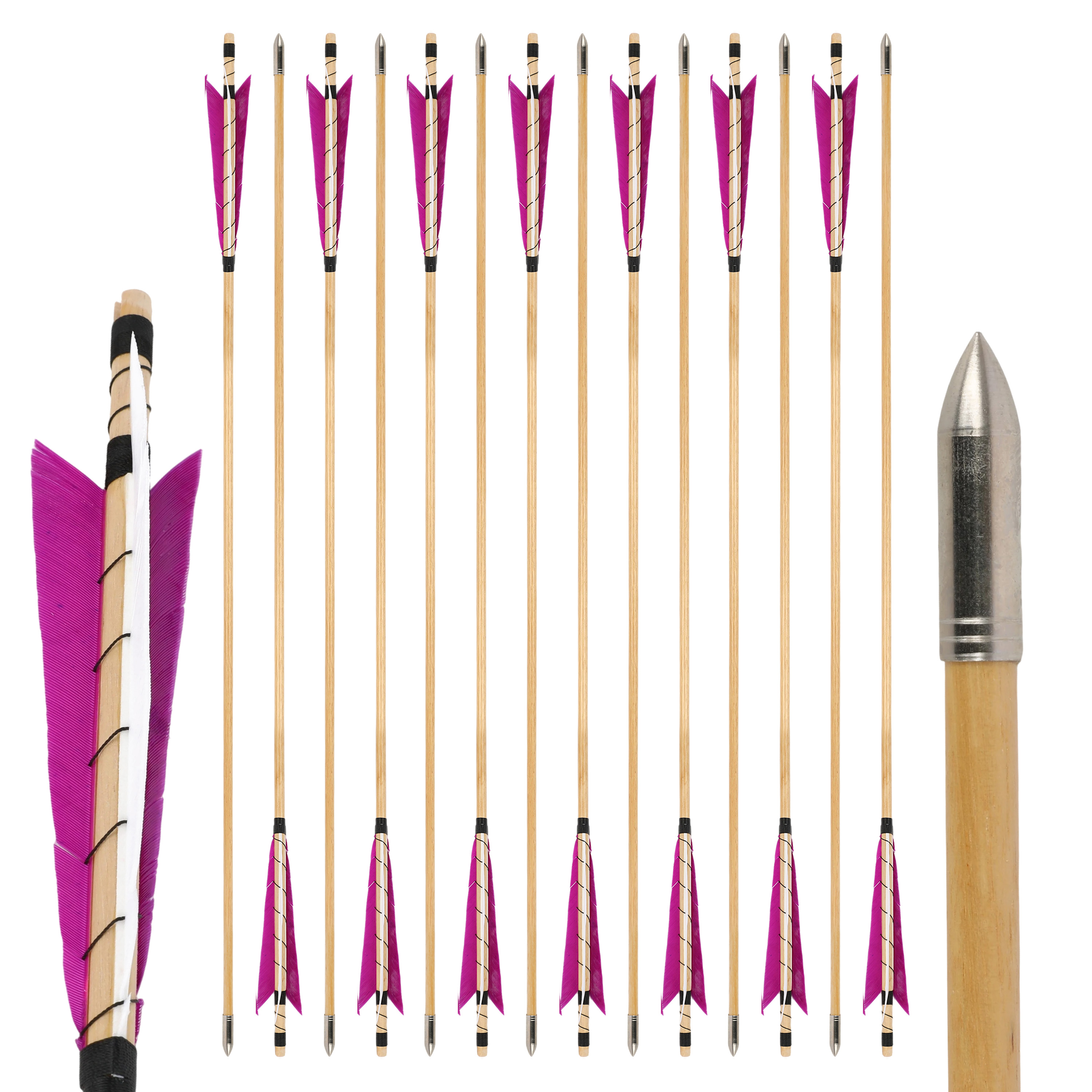 32" Traditional Wooden Arrow 5" Turkey Feathers & Field Points