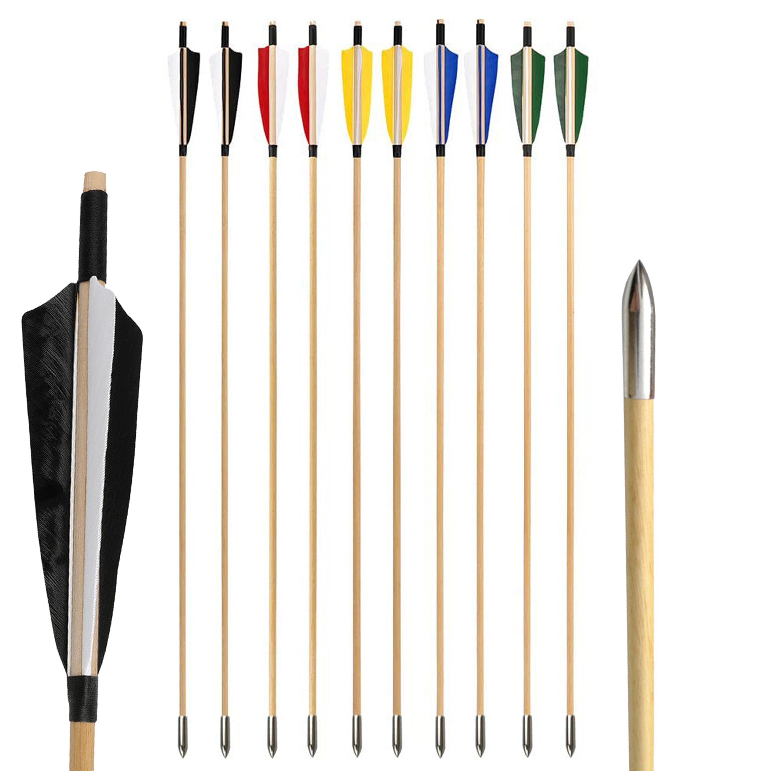 32-Inch Traditional Wooden Arrows with 5" Shield Feathers (12pcs)