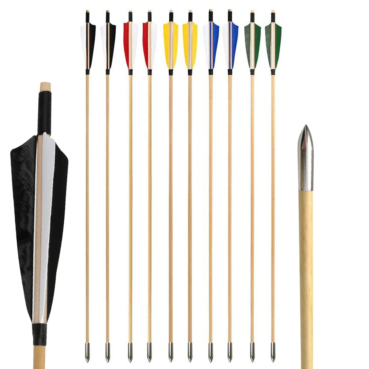 32-Inch Traditional Wooden Arrows with 5" Shield Feathers (12pcs)