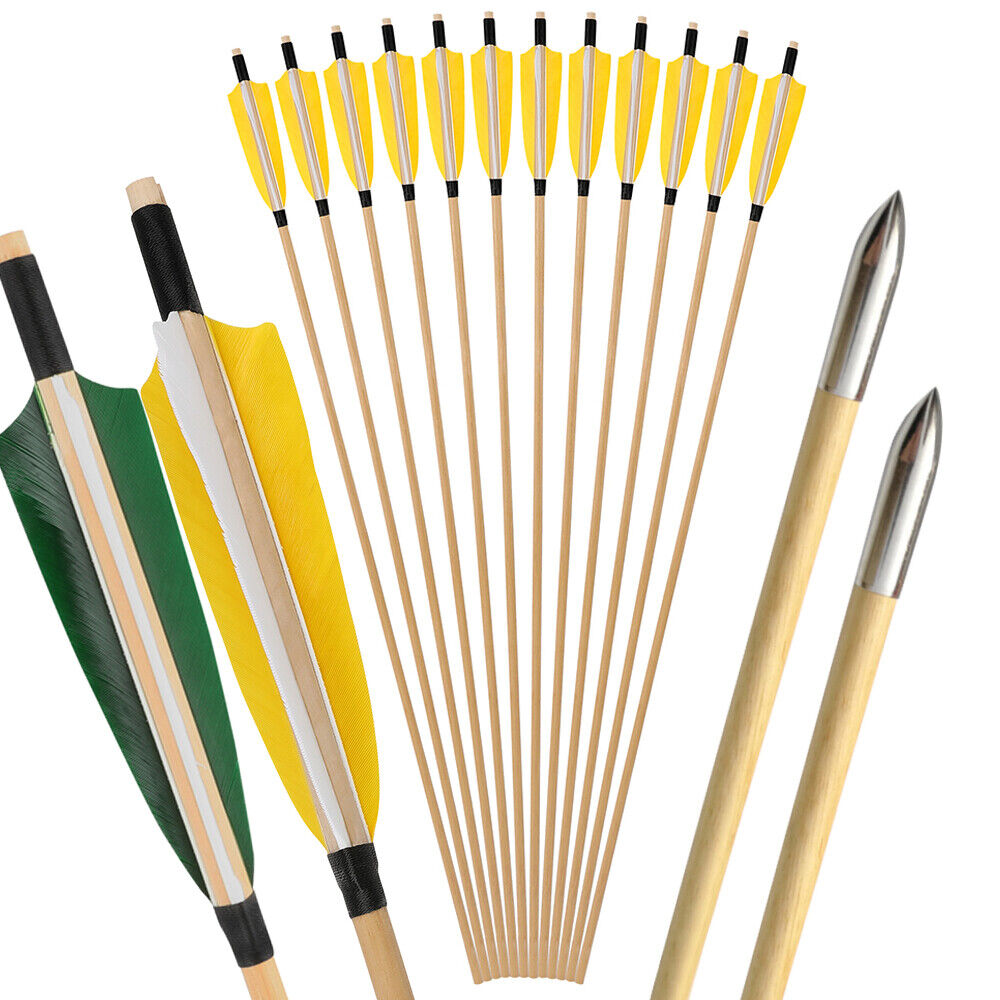 32-Inch Traditional Wooden Arrows with 5" Shield Feathers (12pcs)