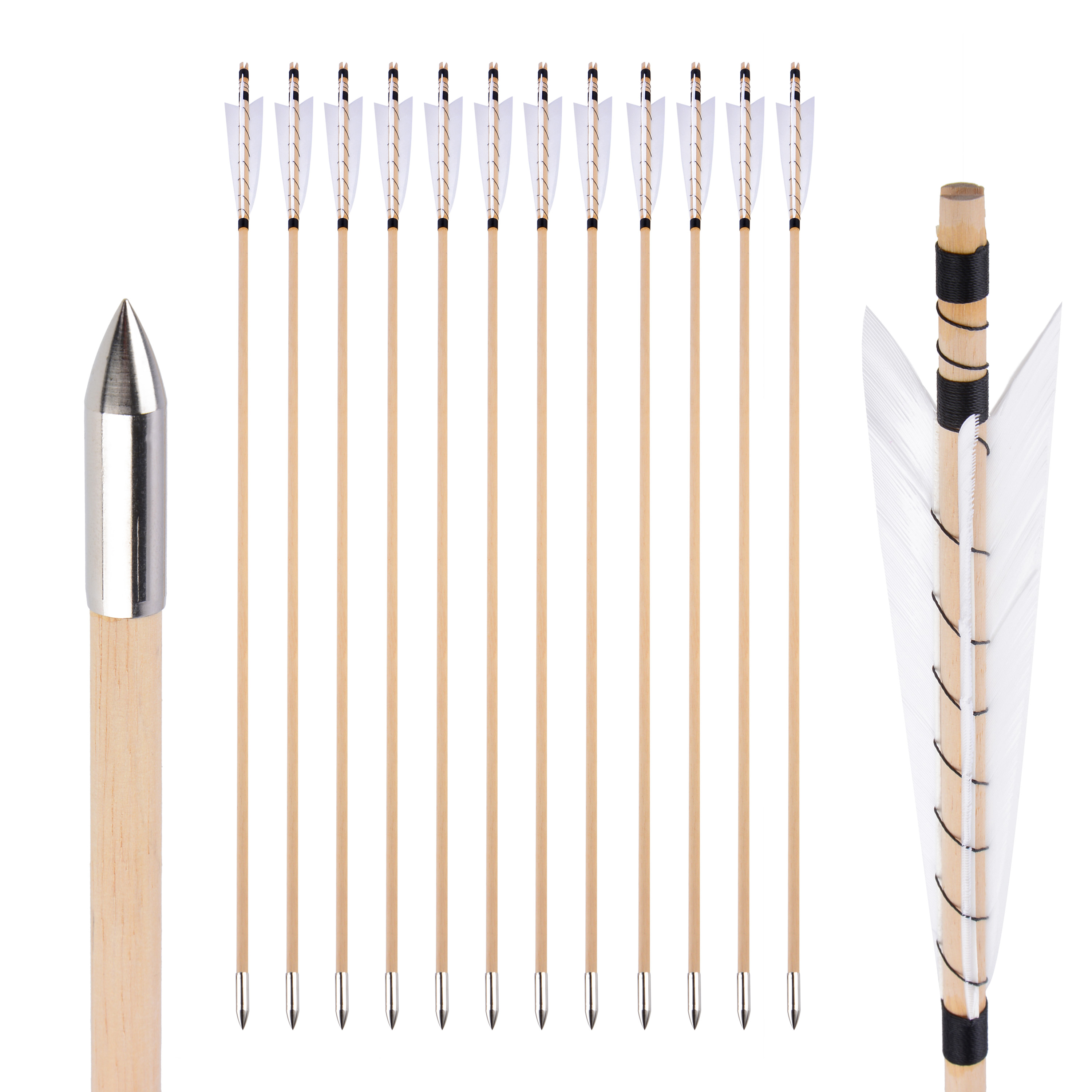 32" Wooden Arrow Natural Feathers Traditional Archery