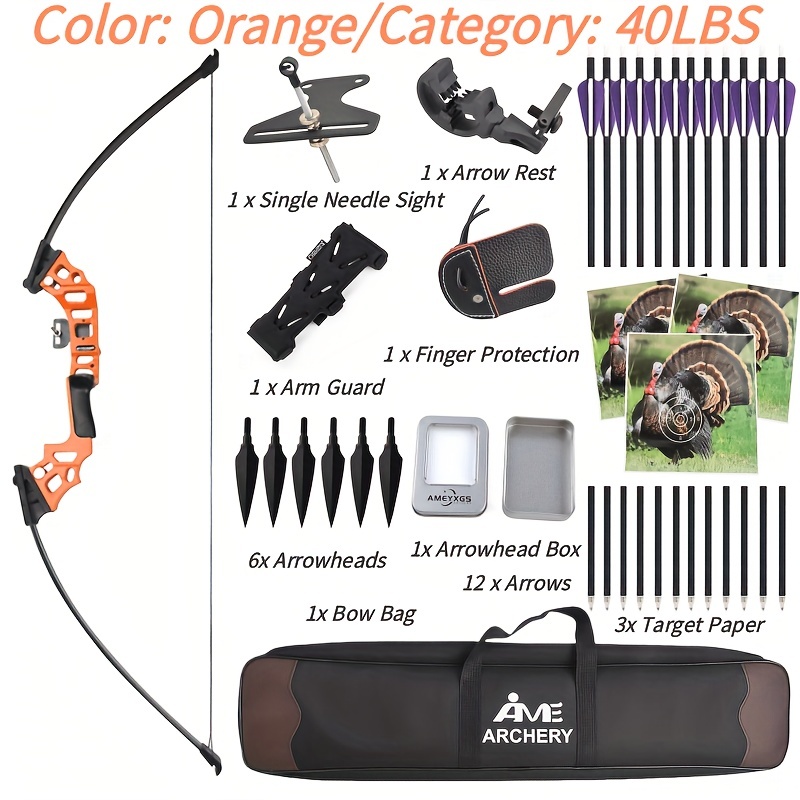 Complete 40LBS Orange Recurve Bow Set - Hunting Accessories
