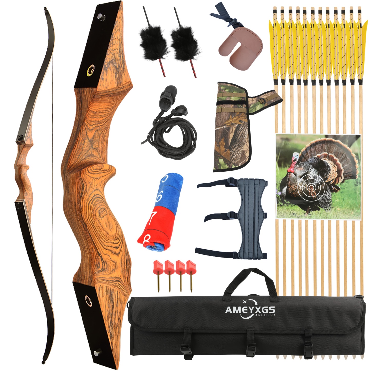 Black Hunter Wooden Recurve Bow 20-60 Lbs Archery Target Kit