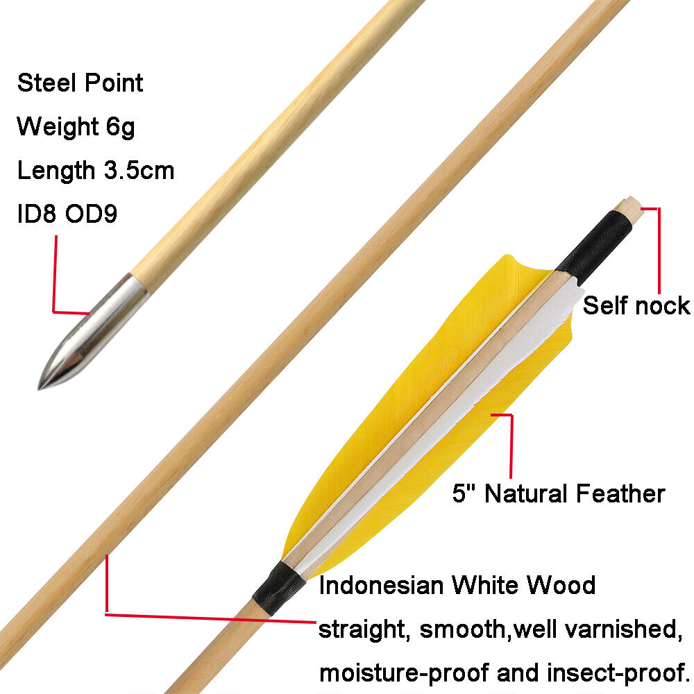 32-Inch Traditional Wooden Arrows with 5" Shield Feathers (12pcs)
