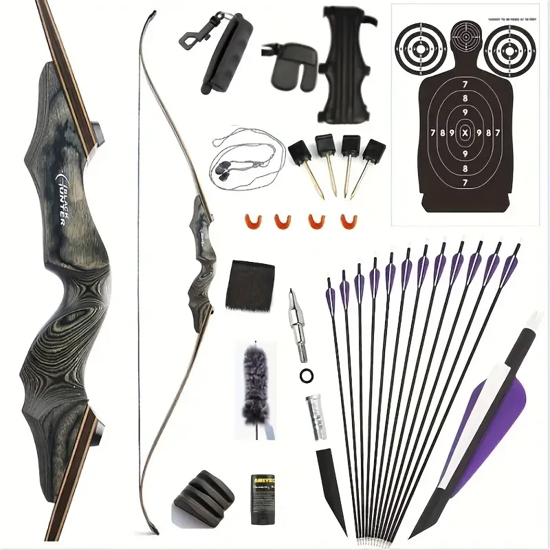 US In Stock - 50LBS Black Hunter Recurve Bow for Adults with 12pcs Arrows