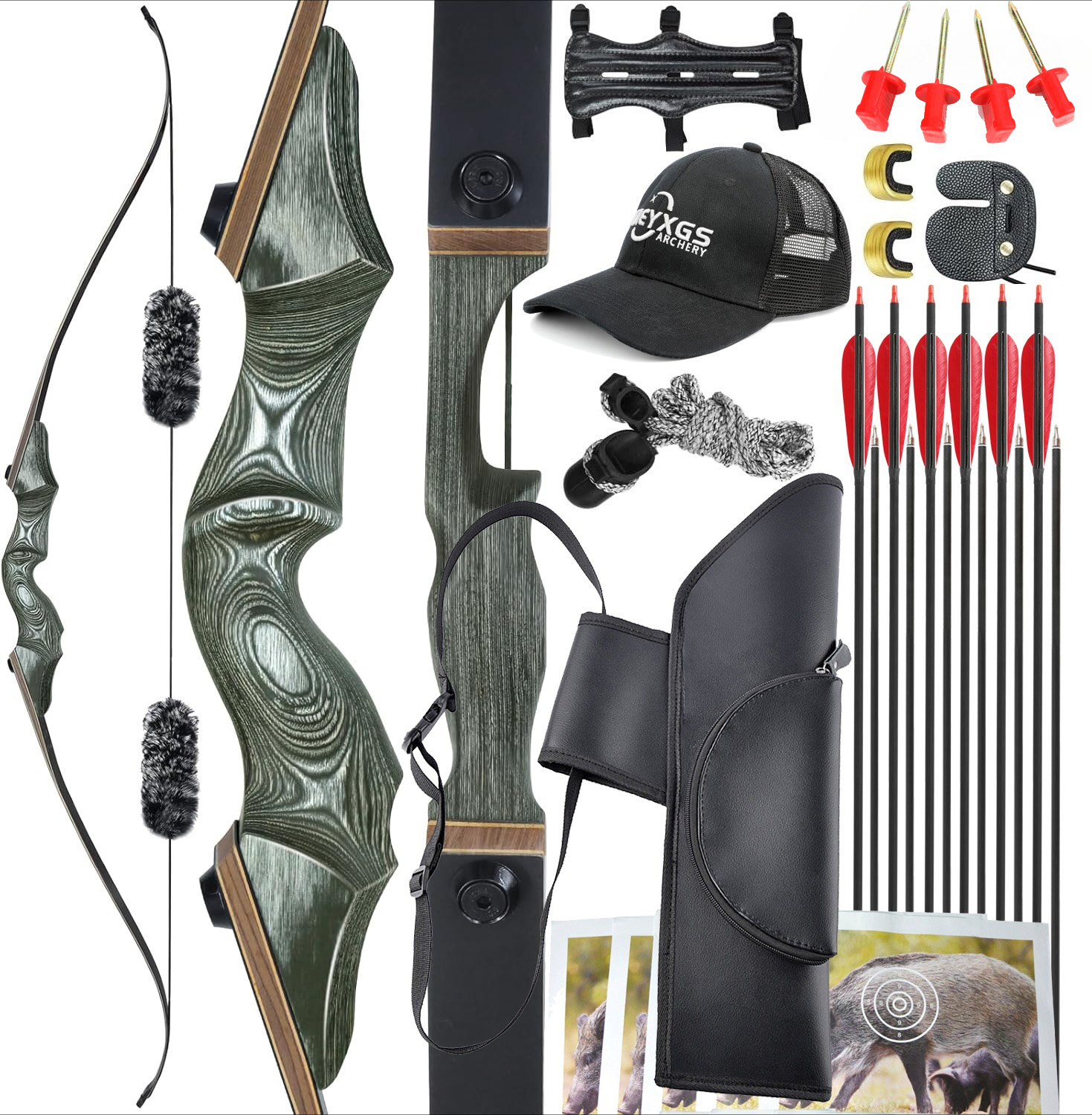 Black Hunter Recurve Bow for Adults with 12pcs Arrows Kit
