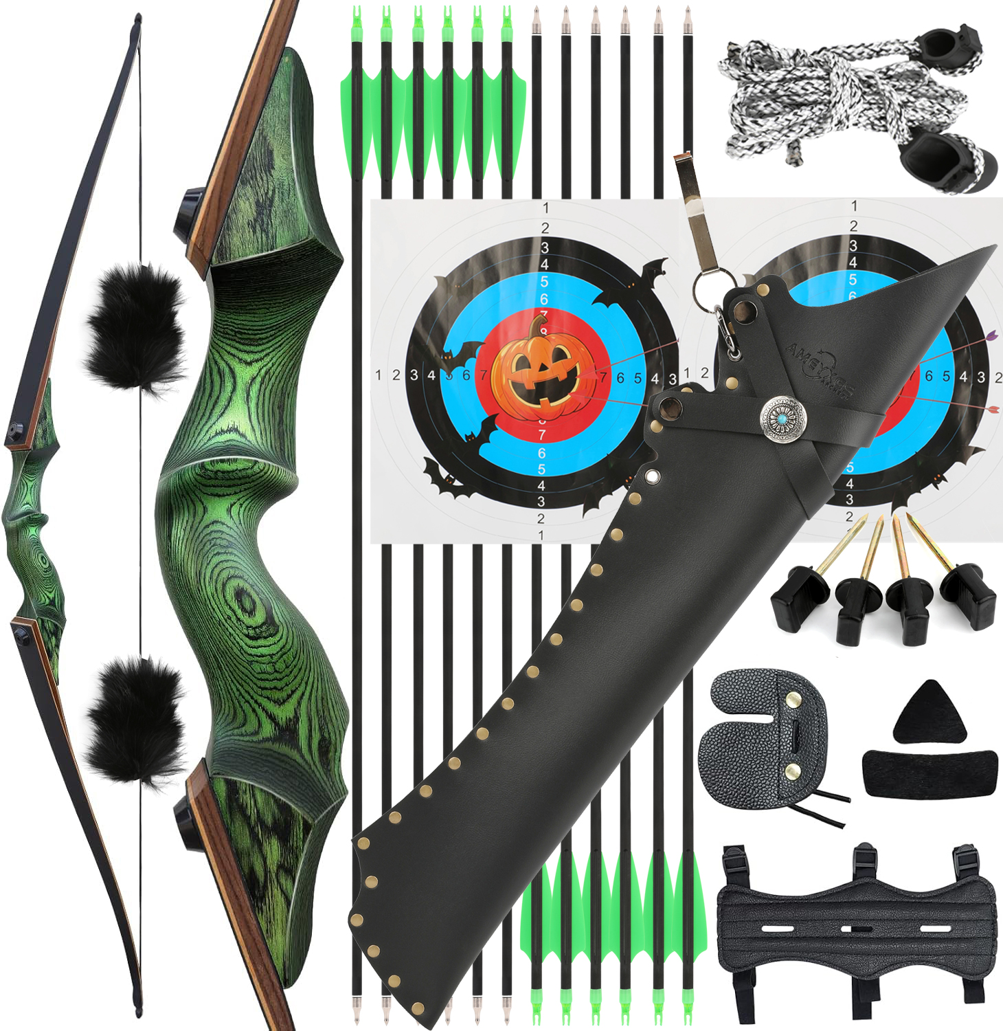 BLACK HUNTER Longbow Archery Hunting Kit ,RH&LH,20-60LBS
