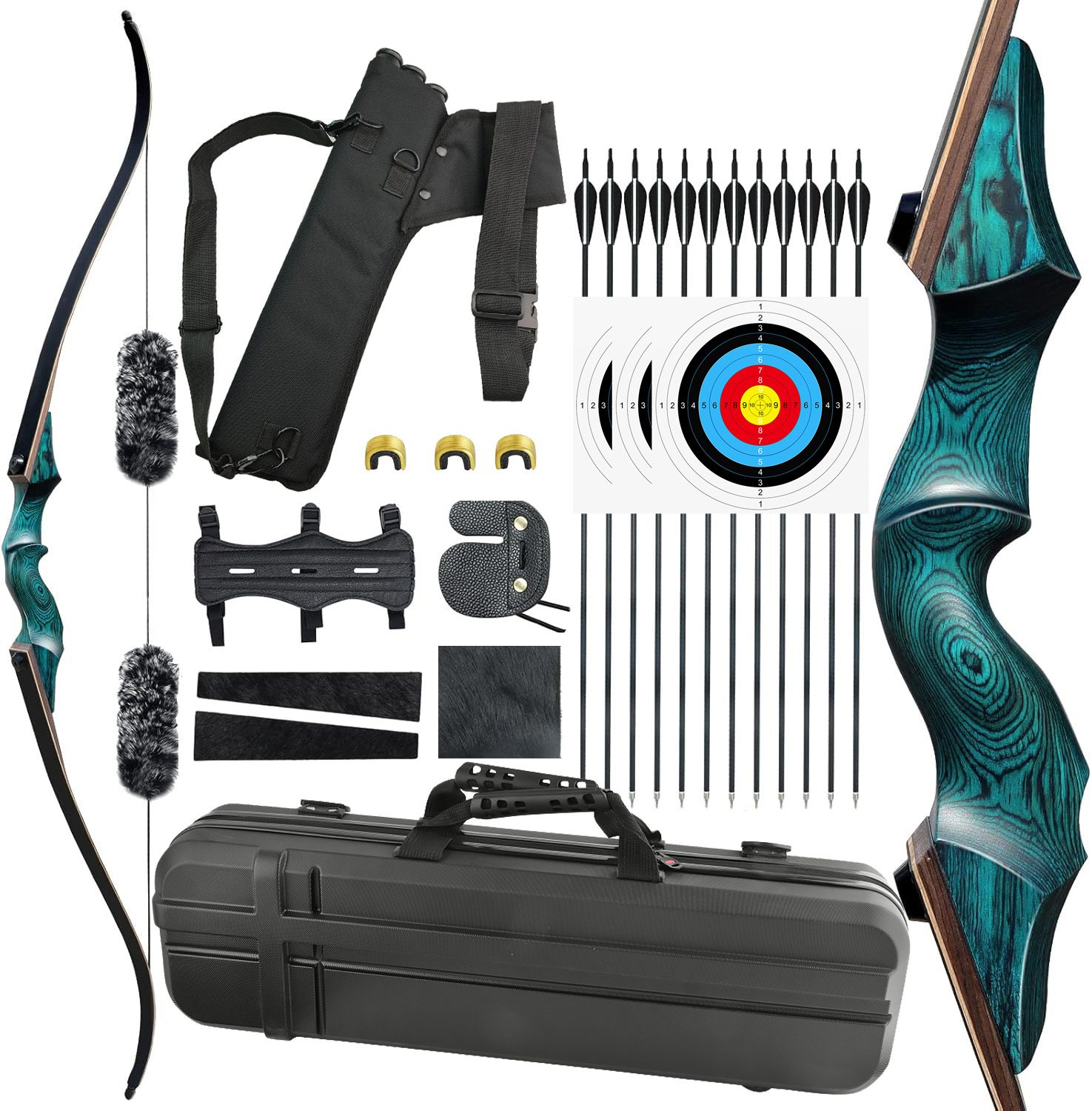 Black Hunter Original Recurve Bow 20-60 lbs with Carbon Arrows and Bow Case