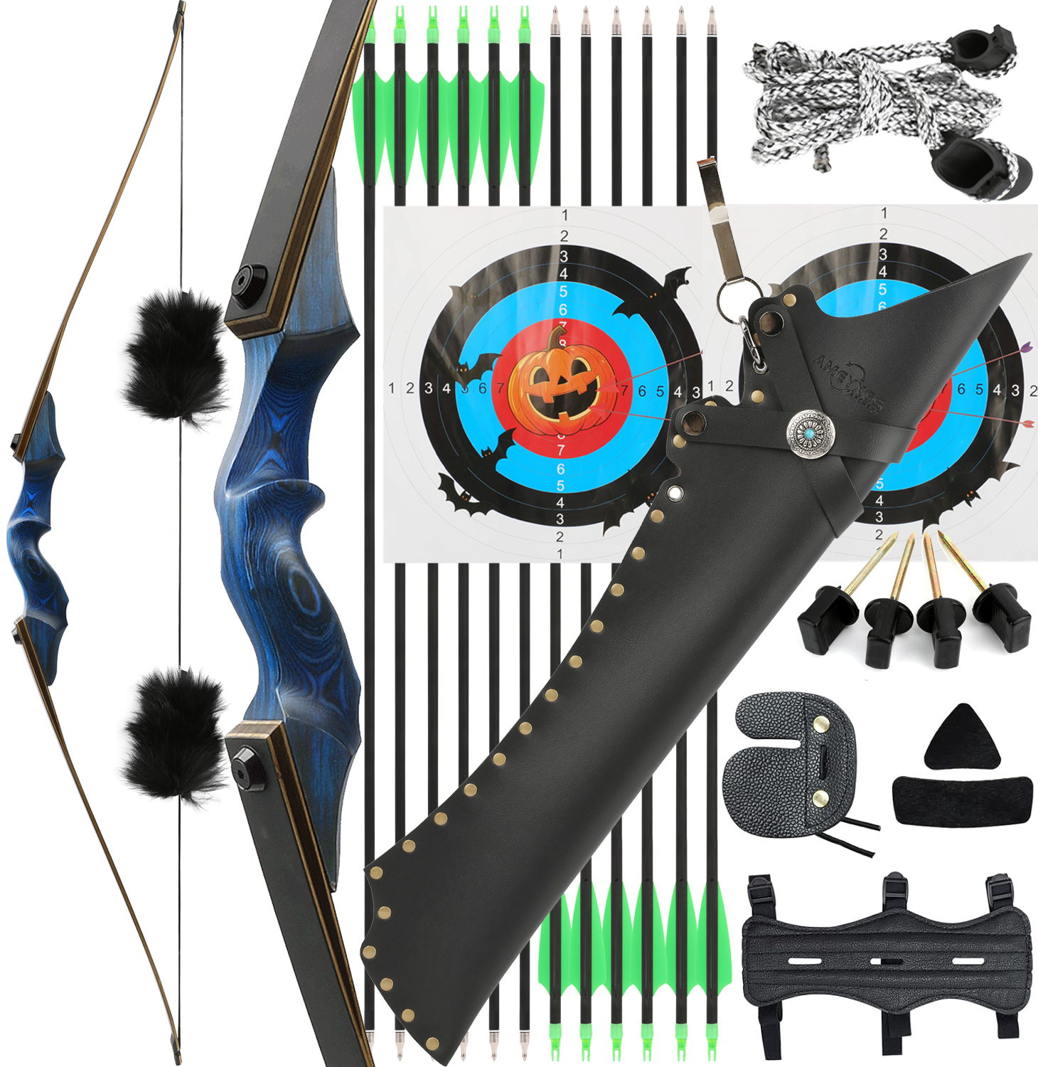 BLACK HUNTER Longbow Archery Hunting Kit ,RH&LH,20-60LBS