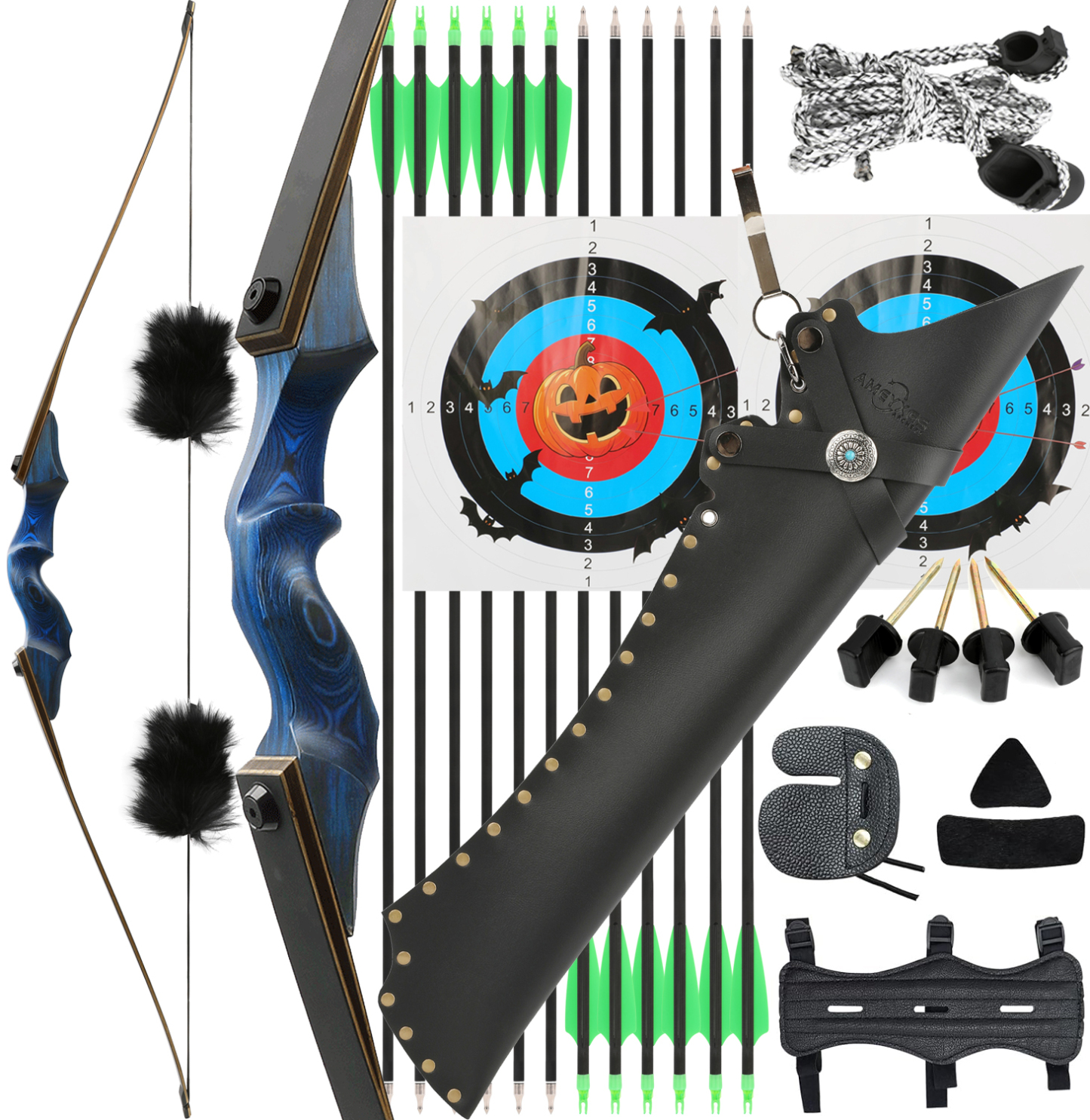 BLACK HUNTER Longbow Archery Hunting Kit ,RH&LH,20-60LBS