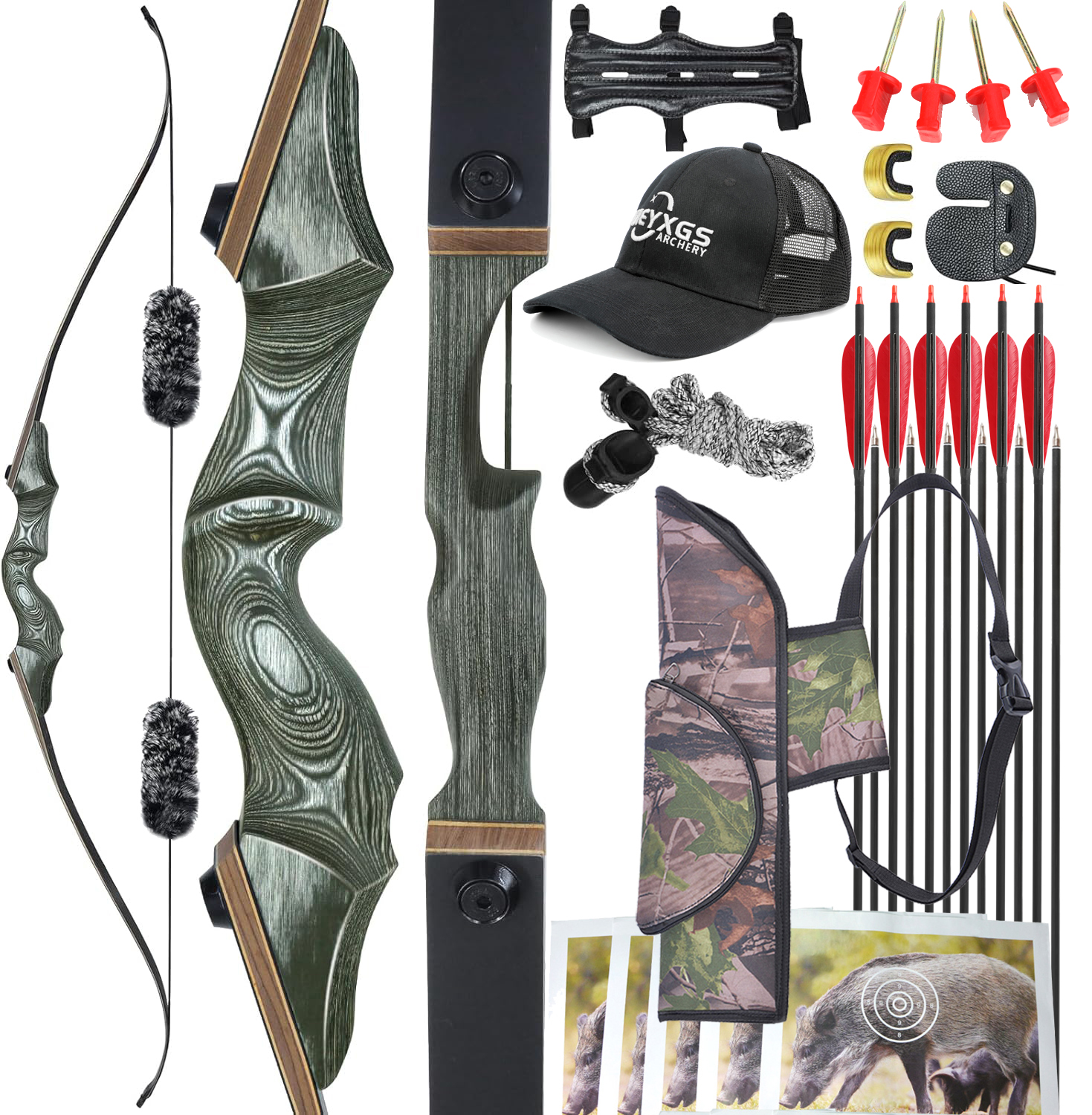 Black Hunter Recurve Bow for Adults with 12pcs Arrows Kit