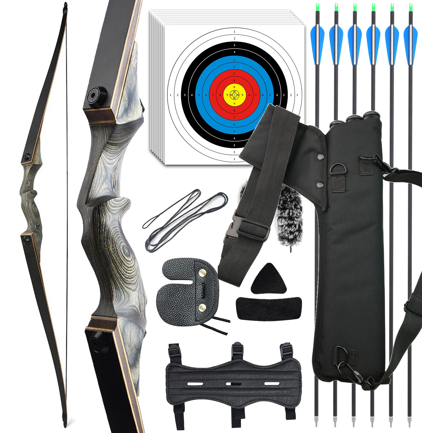 Black Hunter Longbow 20-60 Lbs Archery Target Kit