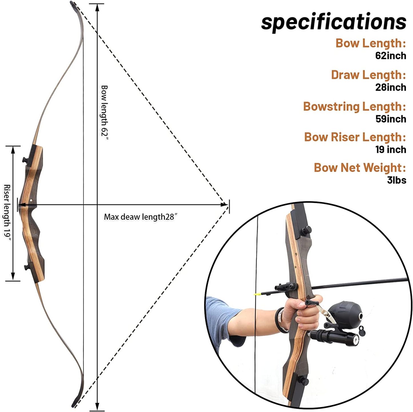 Hunting 62'' Recurve Bow Archery for Target Practice Bowfishing-AMEYXGS Archery