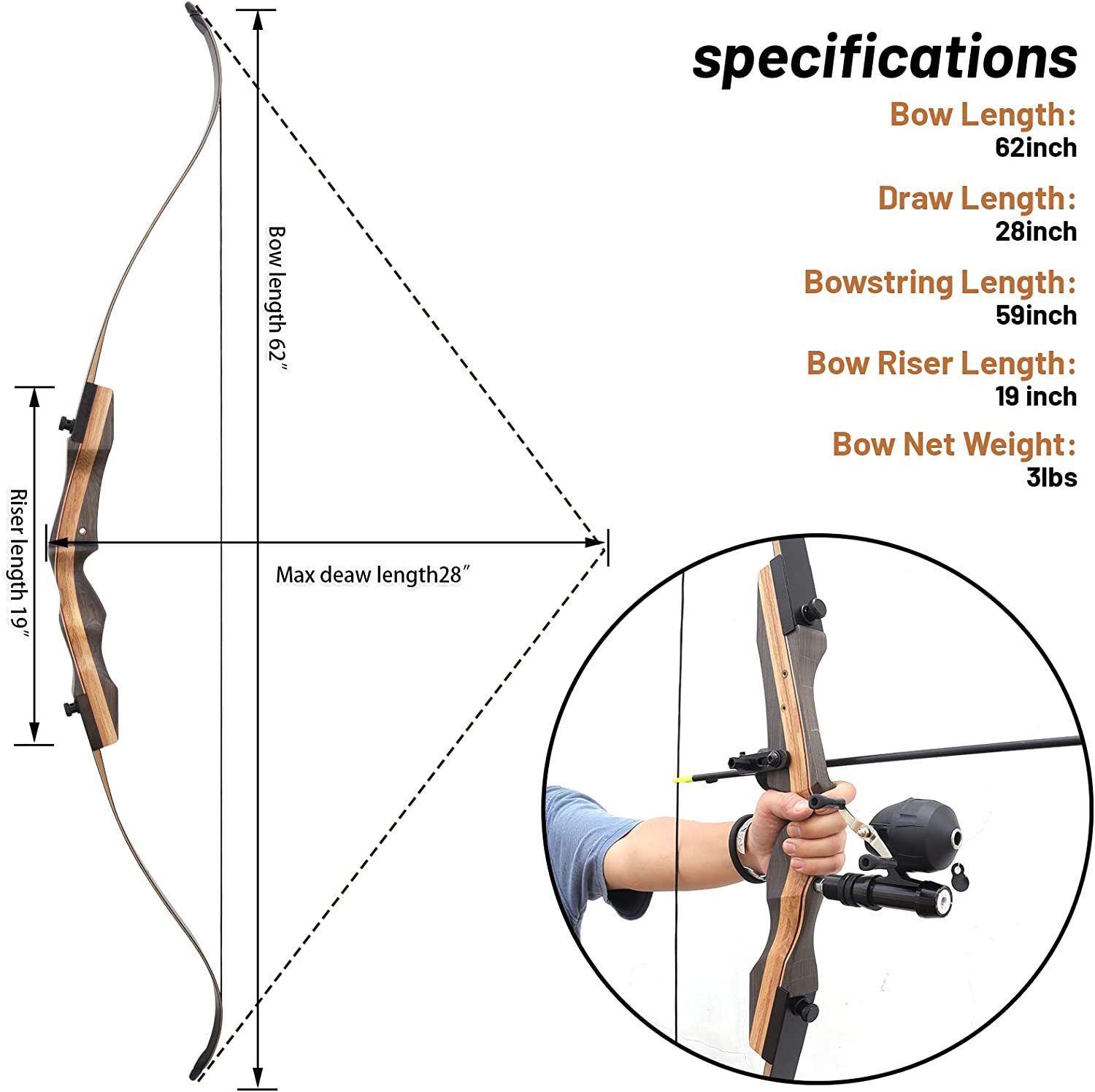 Hunting 62'' Recurve Bow Archery for Target Practice Bowfishing-AMEYXGS Archery