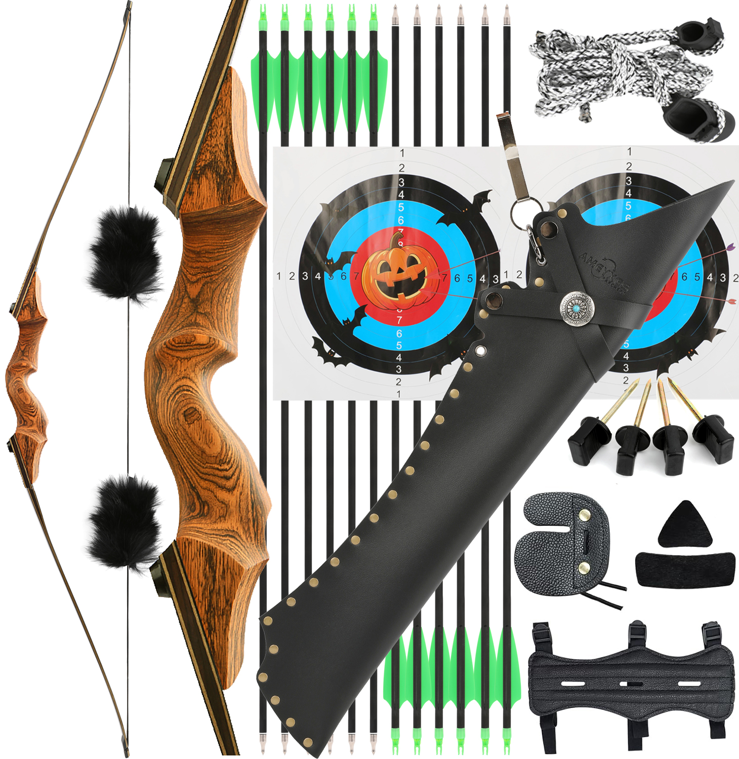 Black Hunter Longbow 20-60 Lbs Archery Bow Takedown Bow and Arrow Set