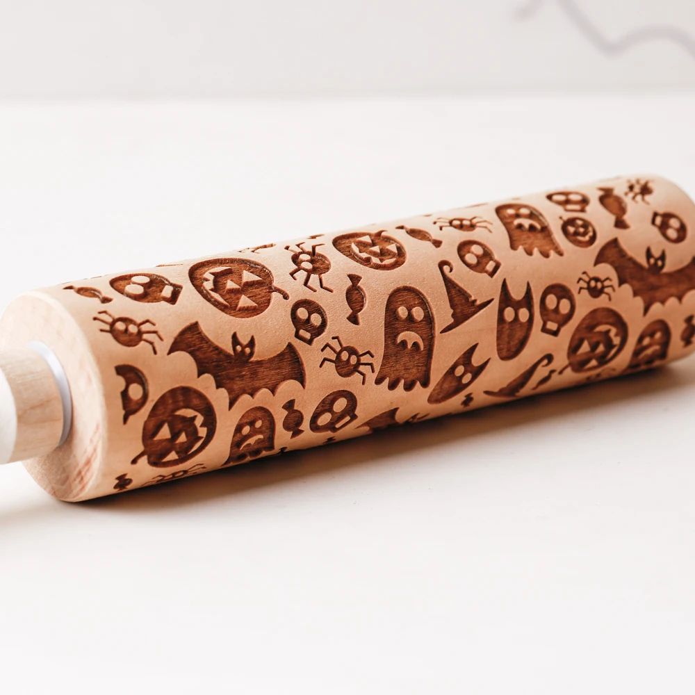 13.7in Wooden Halloween Rolling Pin With Pattern For Kit