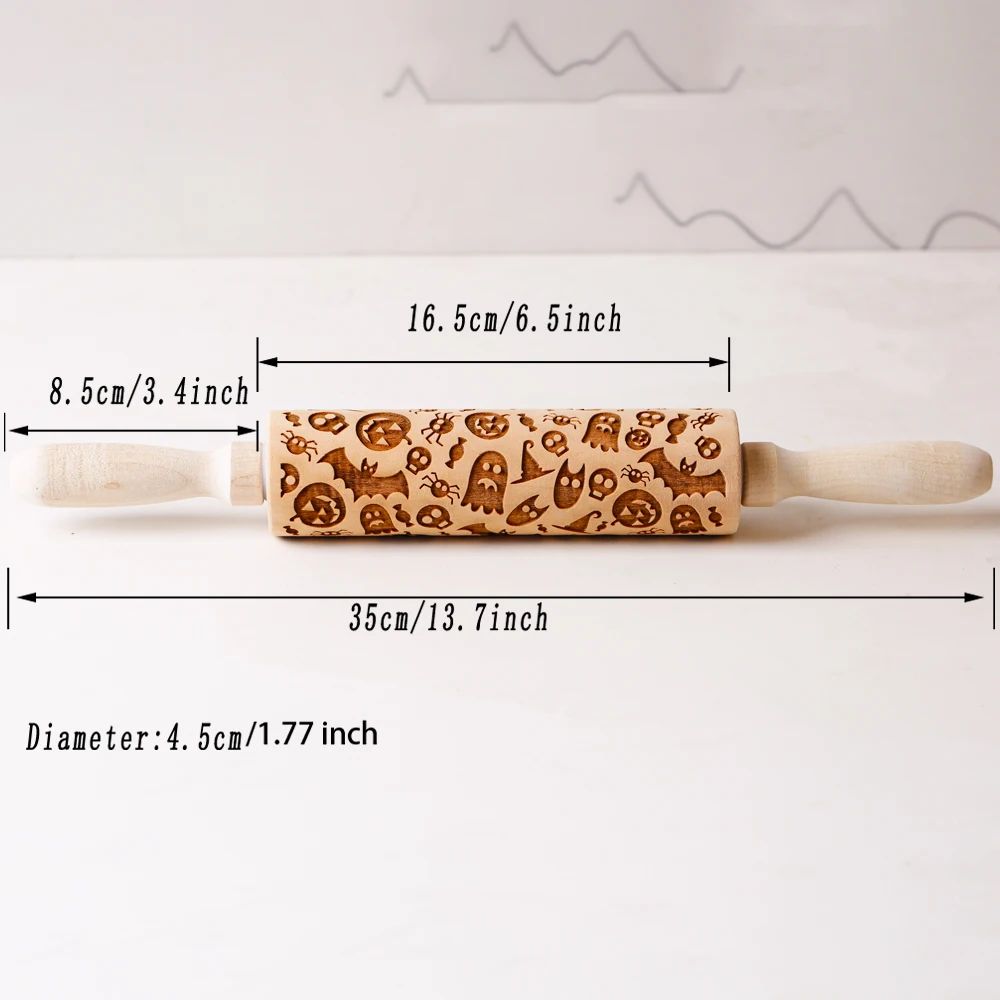 13.7in Wooden Halloween Rolling Pin With Pattern For Kit