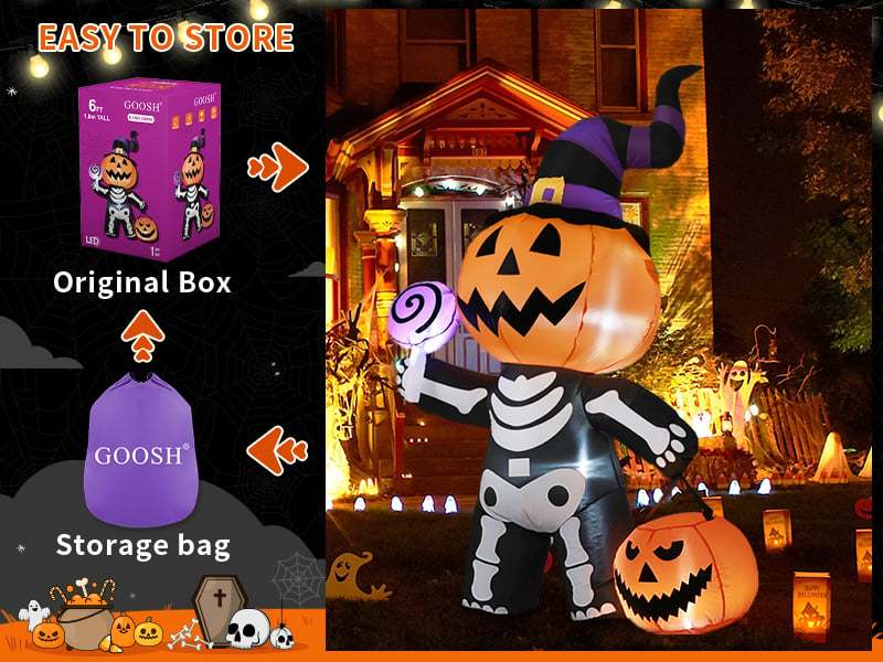 6 FT Outdoor Halloween Inflatables Pumpkin with Skull Body & LED Lights
