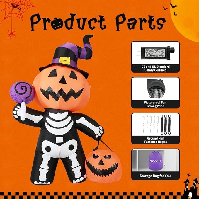 6 FT Outdoor Halloween Inflatables Pumpkin with Skull Body & LED Lights