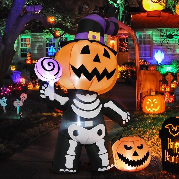 6 FT Outdoor Halloween Inflatables Pumpkin with Skull Body & LED Lights