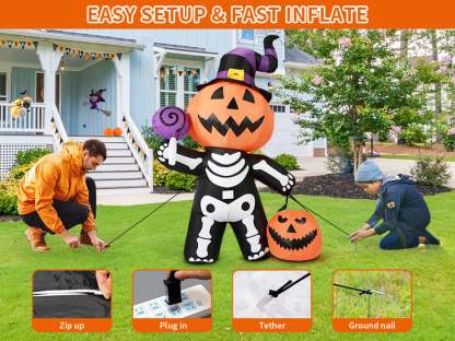 6 FT Outdoor Halloween Inflatables Pumpkin with Skull Body & LED Lights