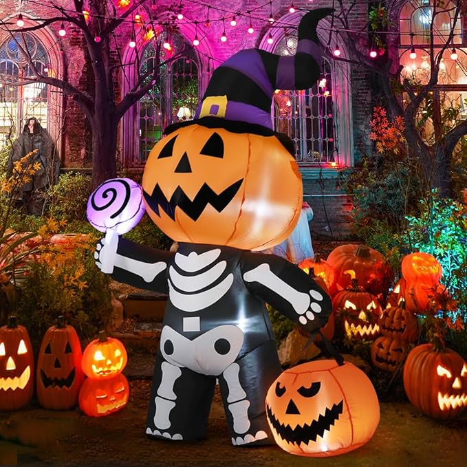 6 FT Outdoor Halloween Inflatables Pumpkin with Skull Body & LED Lights