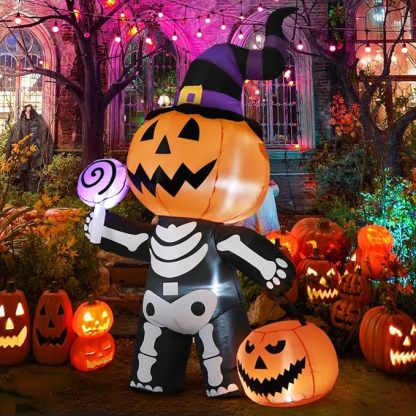 6 FT Outdoor Halloween Inflatables Pumpkin with Skull Body & LED Lights