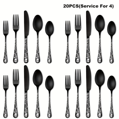 20/30pcs Gothic Design Cutlery Service For 4/6, Premium Stainless Steel Flatware